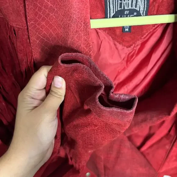 Outerbound by HMS Red Cropped Fringe Vintage Leather Jacket Sz M - Picture 7 of 16